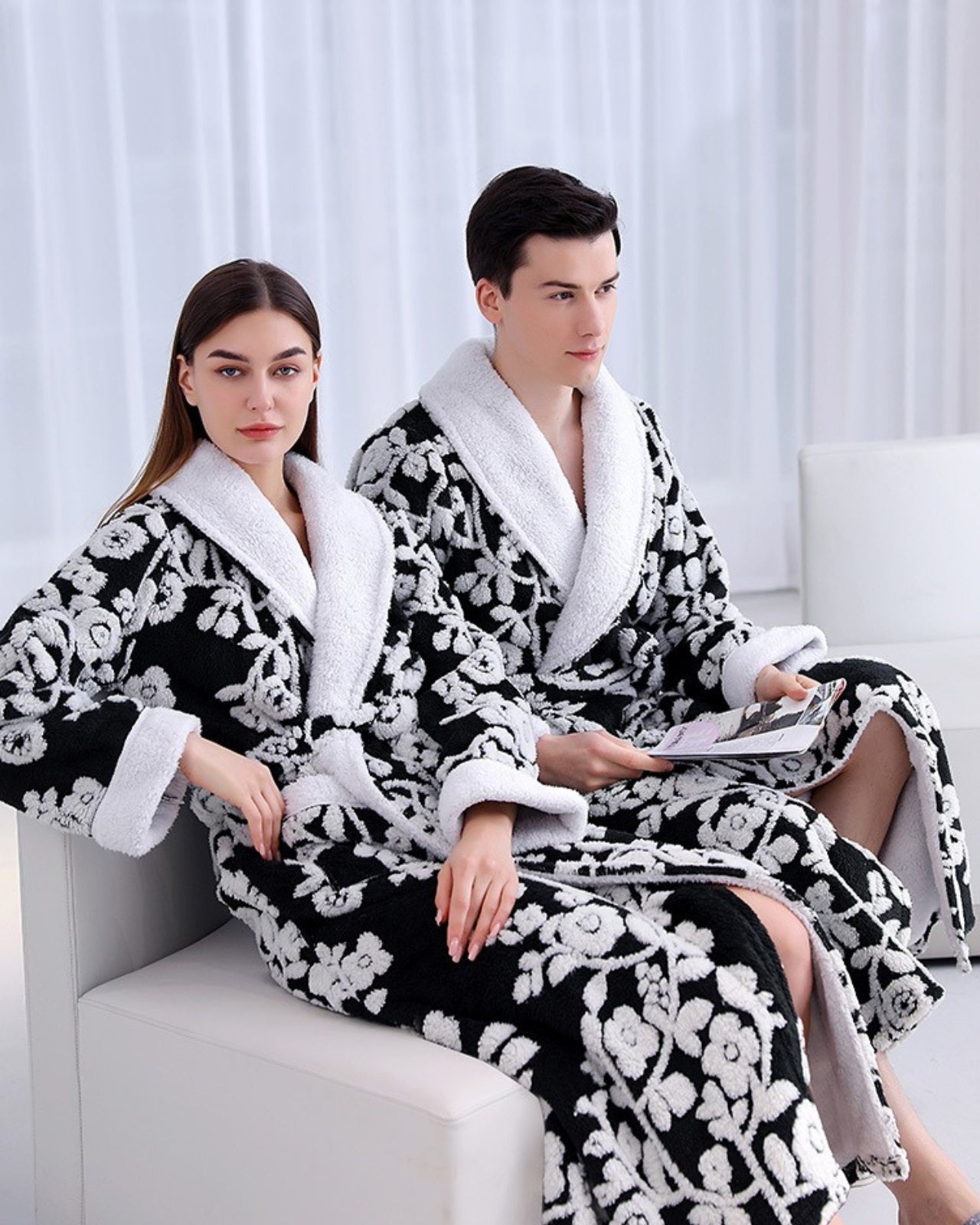 Floral Fleece Bathrobe | Black and White Blossom Pattern