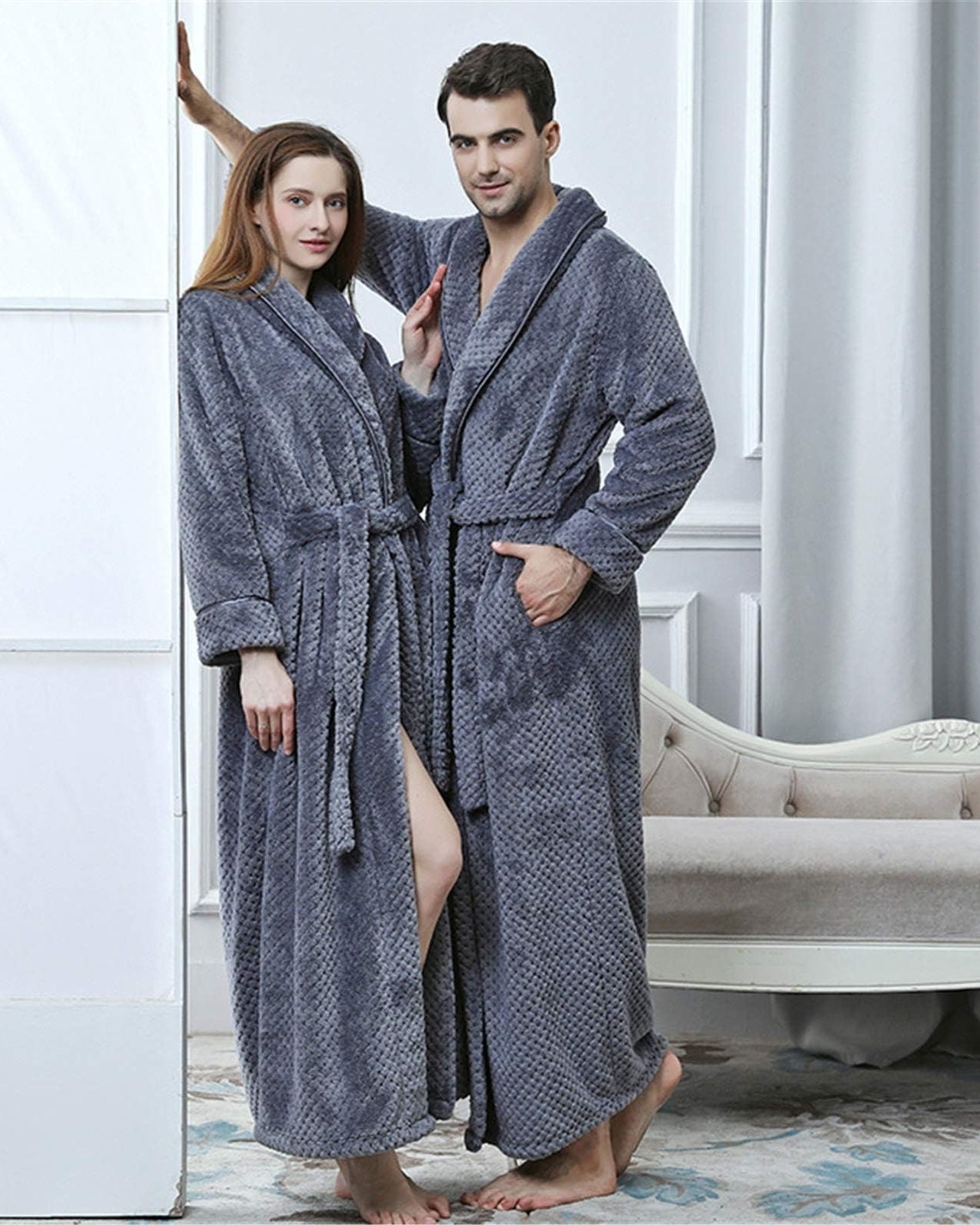 Luxury Fleece Bathrobe | Plush Gray Quilted Design