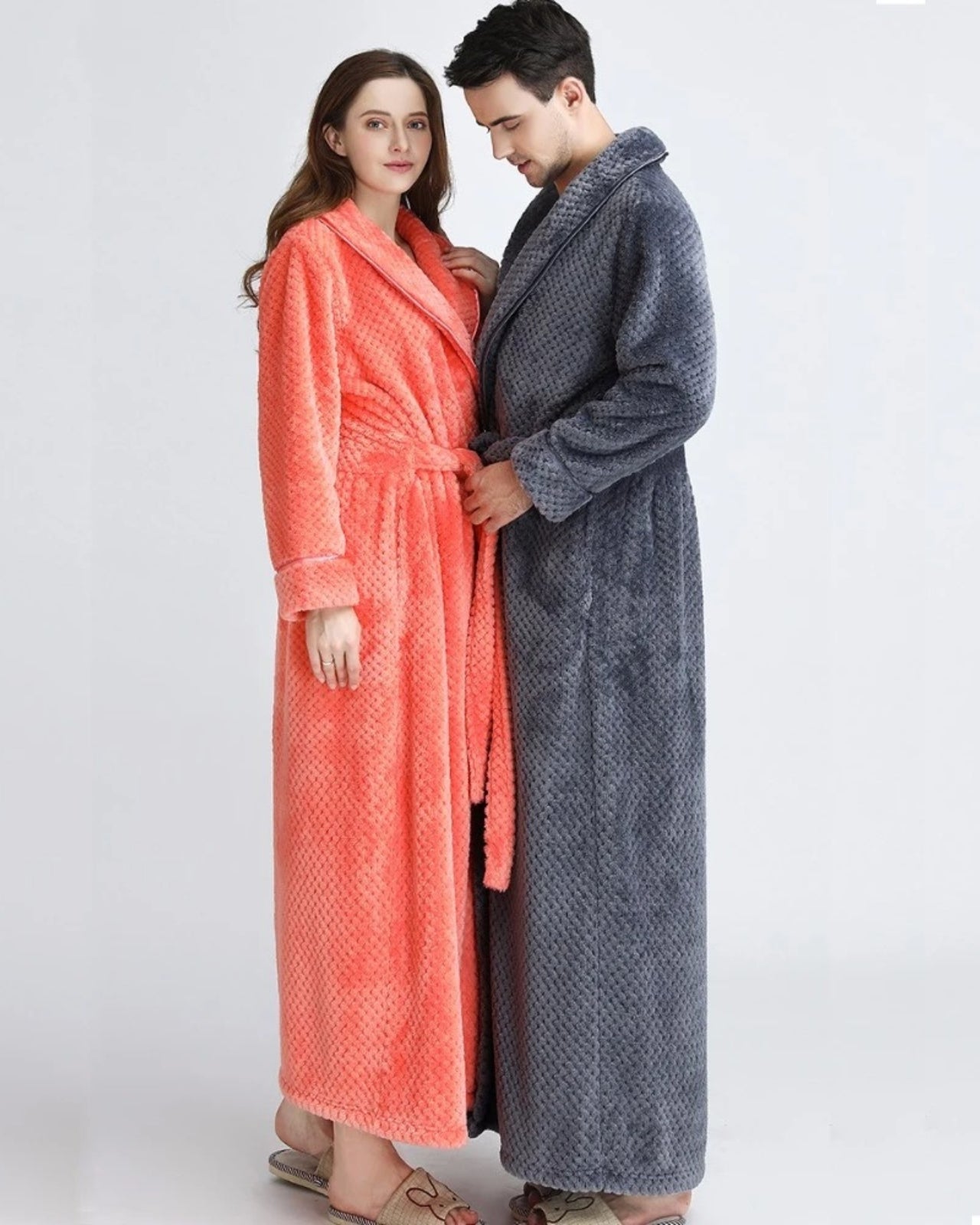 Luxury Fleece Bathrobes | Matching Couples Coral & Gray Set