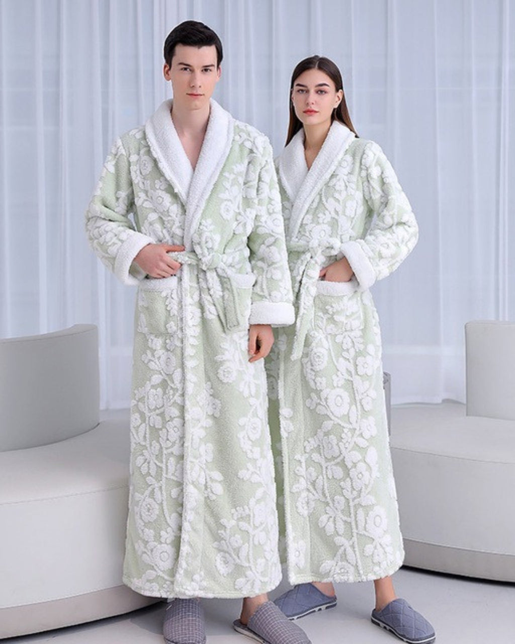 Luxury Floral Bathrobe Set | Sage Green Fleece With White Blooms