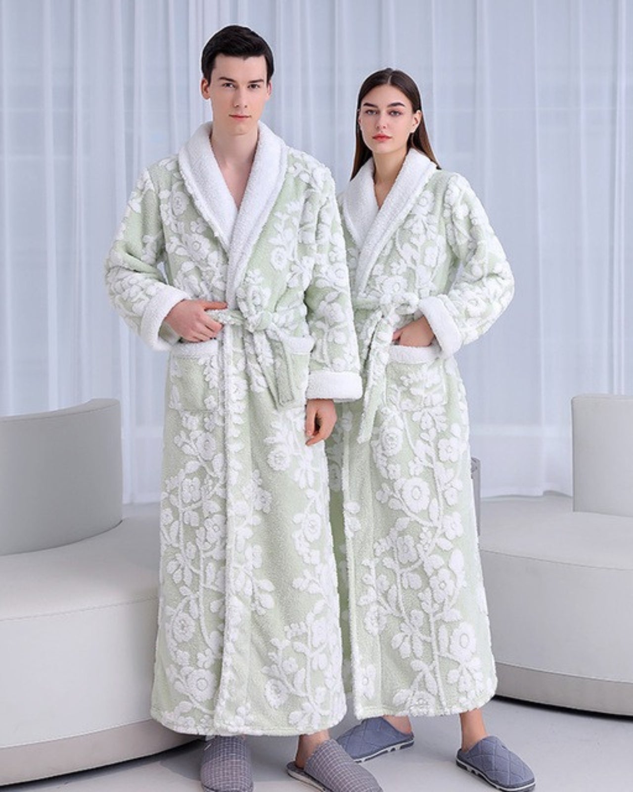 Luxury Floral Bathrobe Set | Sage Green Fleece With White Blooms