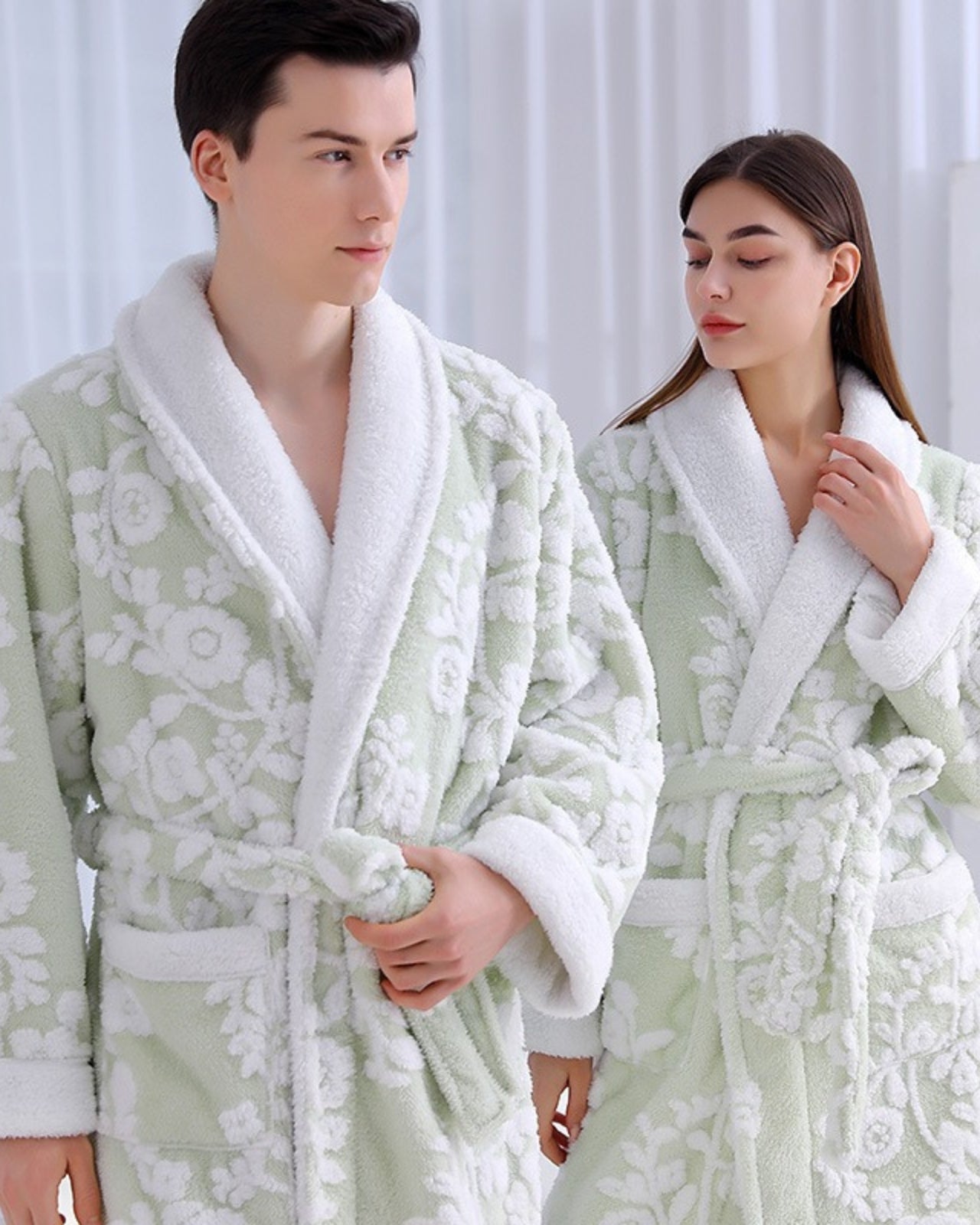 Luxury Floral Bathrobe Set | Sage Green Fleece With White Blooms