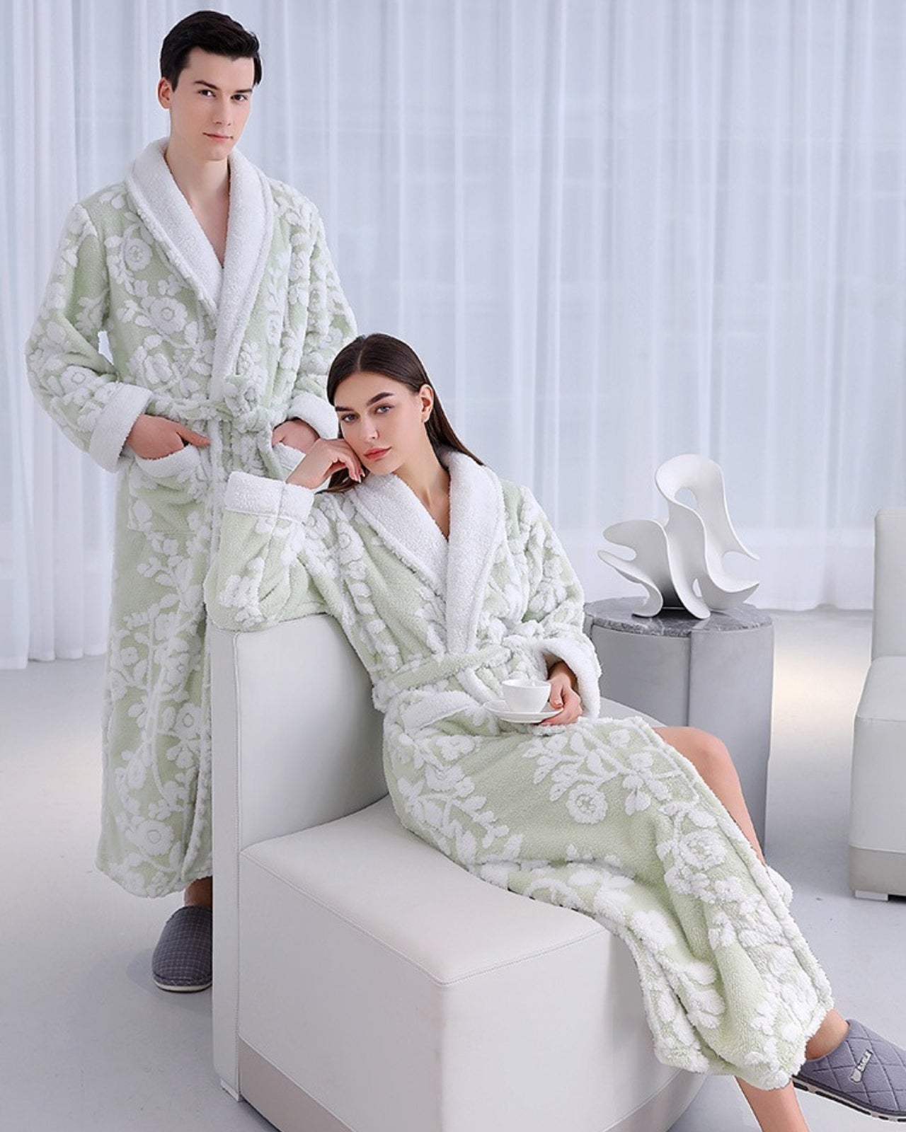 Luxury Floral Bathrobe Set | Sage Green Fleece With White Blooms