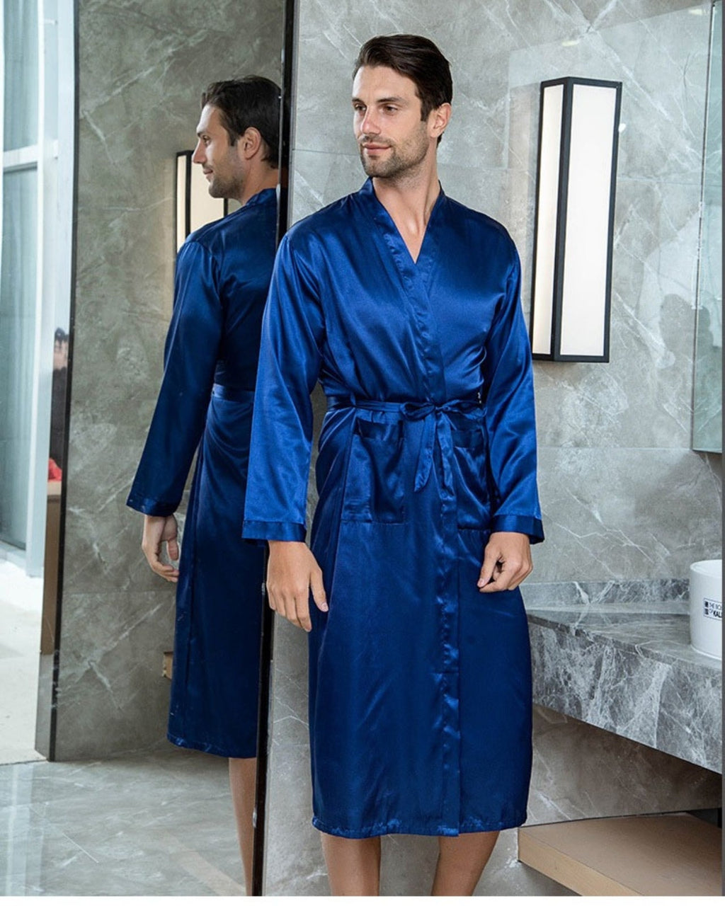 Mens Satin Robe | Royal Blue Kimono Style