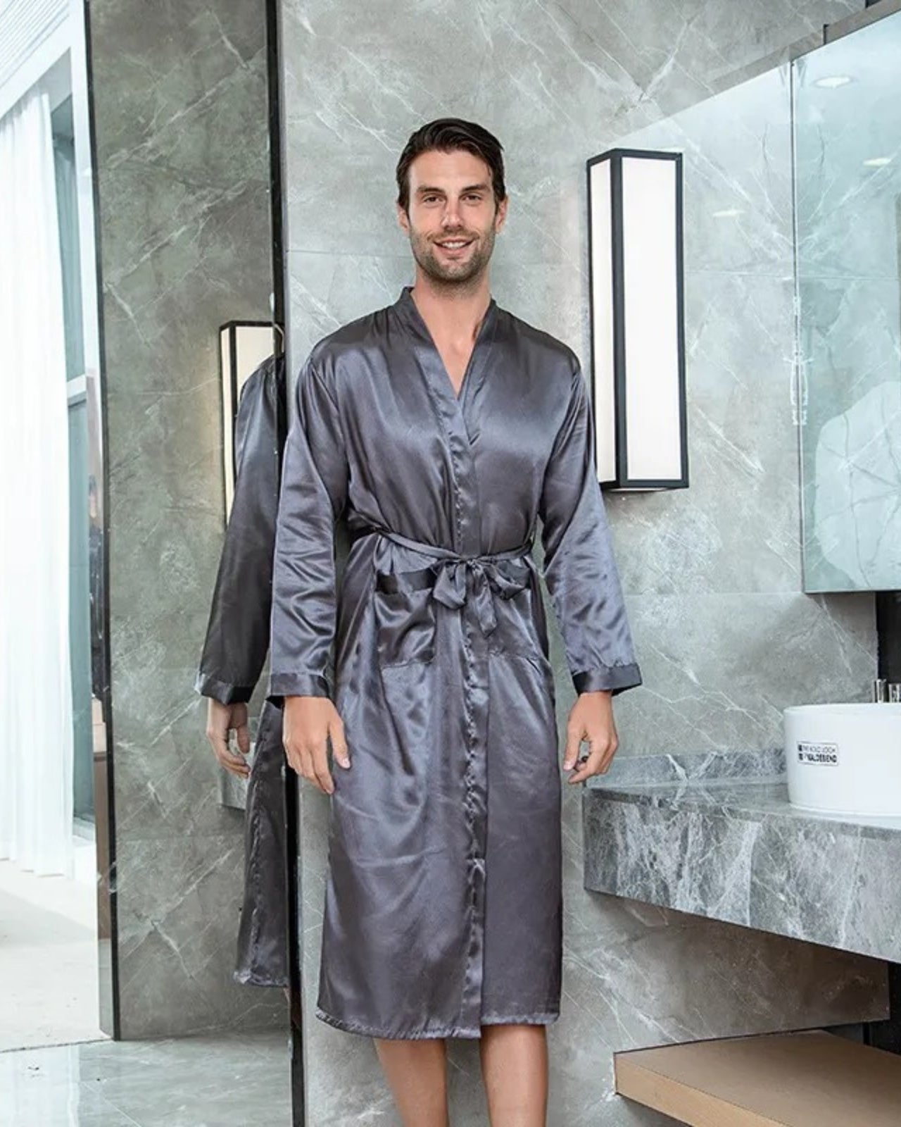Luxury Satin Robe | Mens Grey Kimono Style