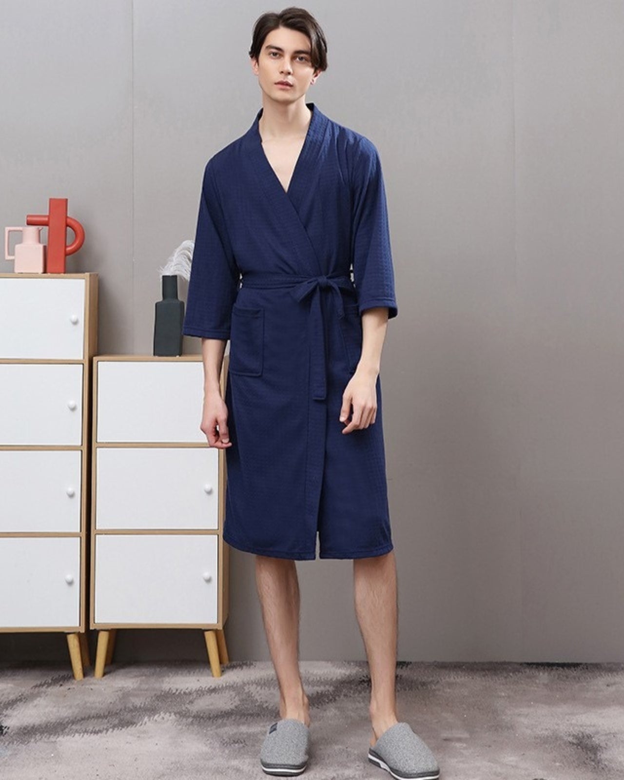 Mens Waffle Robe | Navy Cotton Spa Kimono