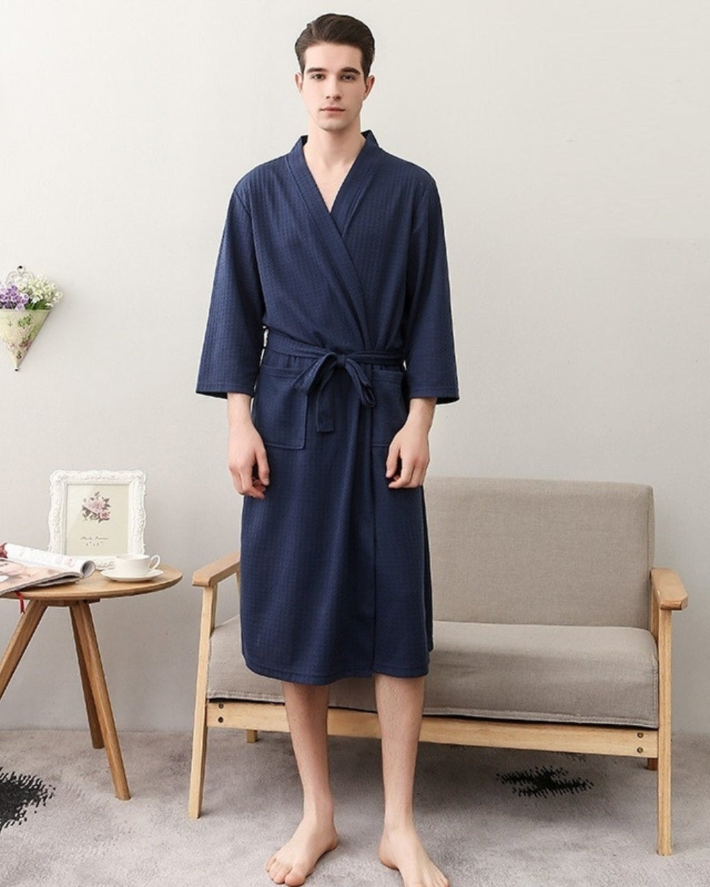 Mens Waffle Robe | Navy Cotton Spa Kimono
