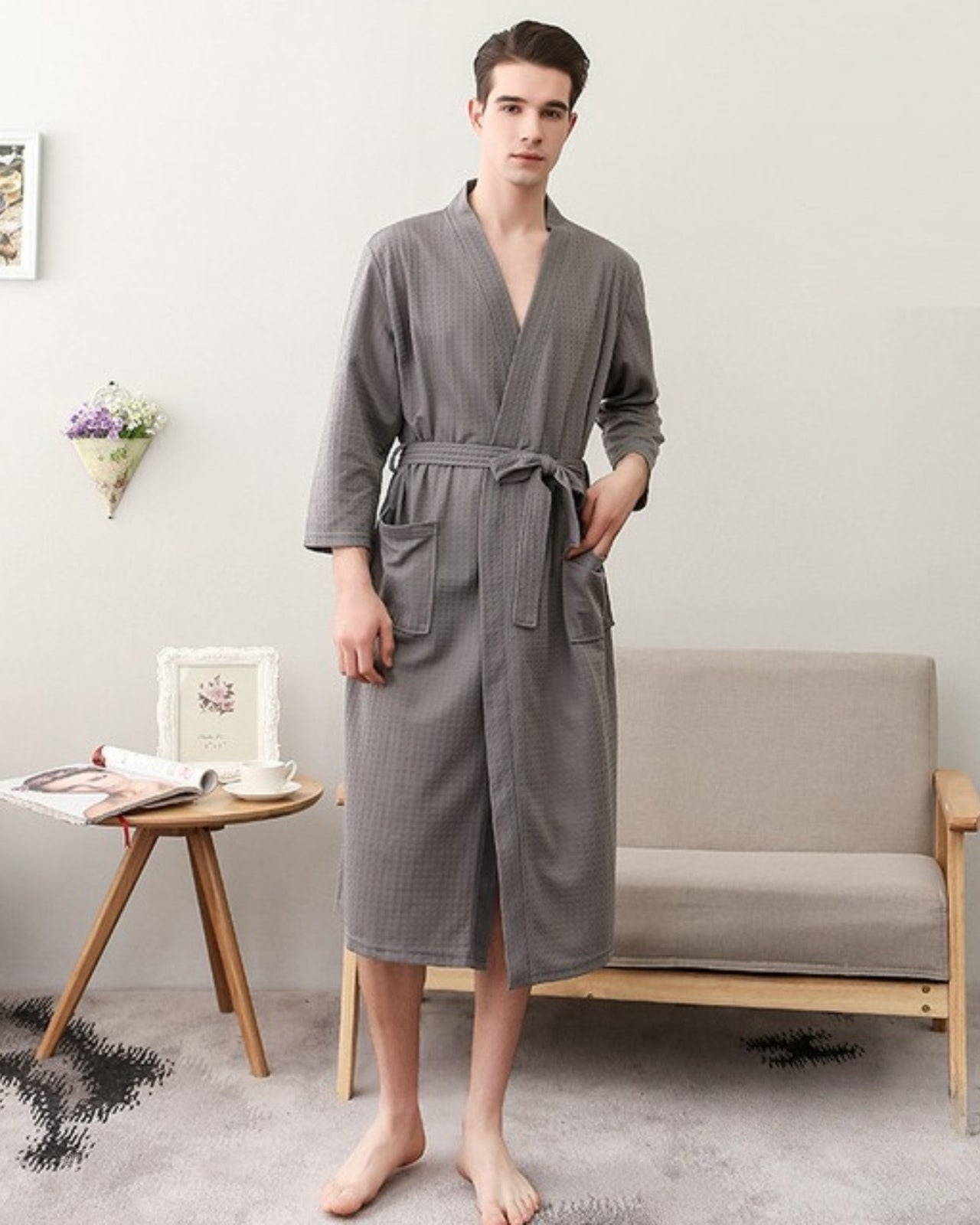 Mens Waffle Robe | Cotton Spa Kimono Gray