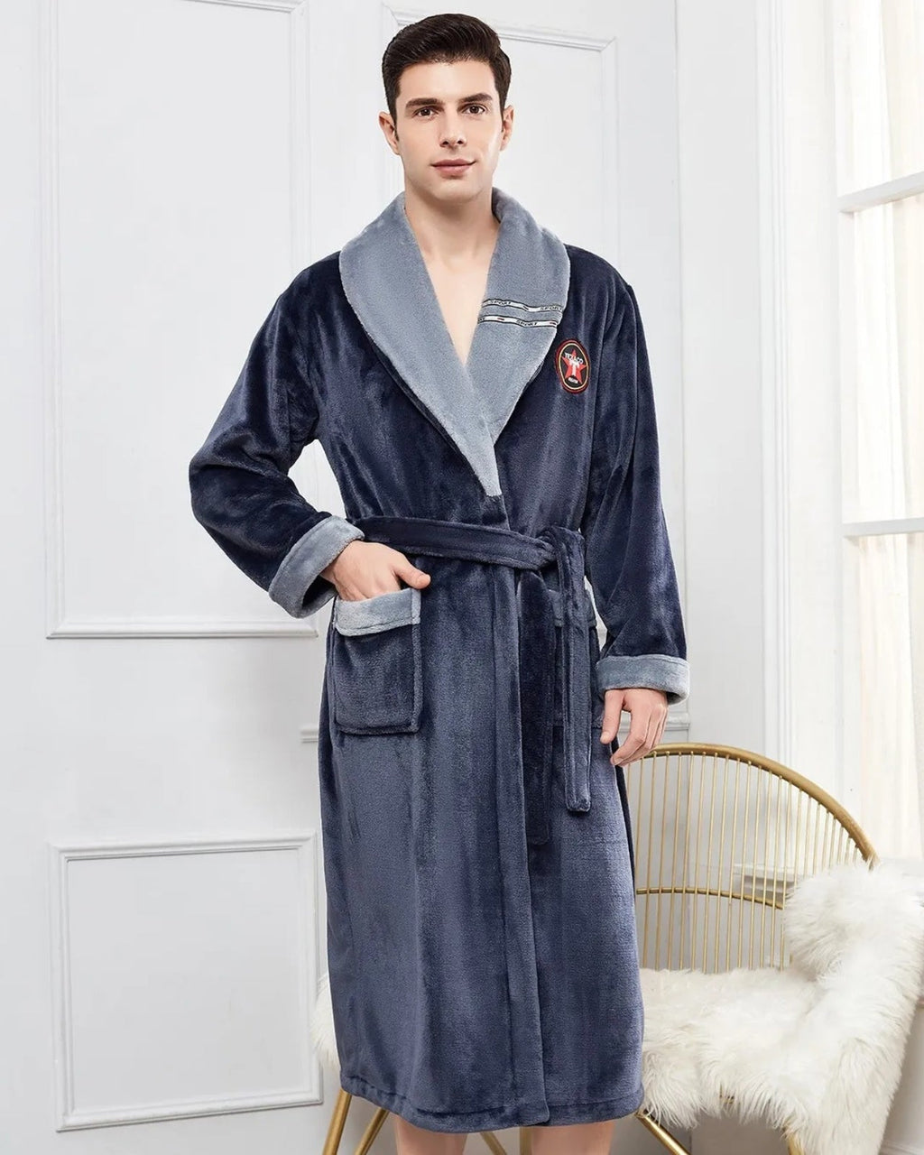 Men's Plush Bathrobe | Navy Blue Shawl Collar Design