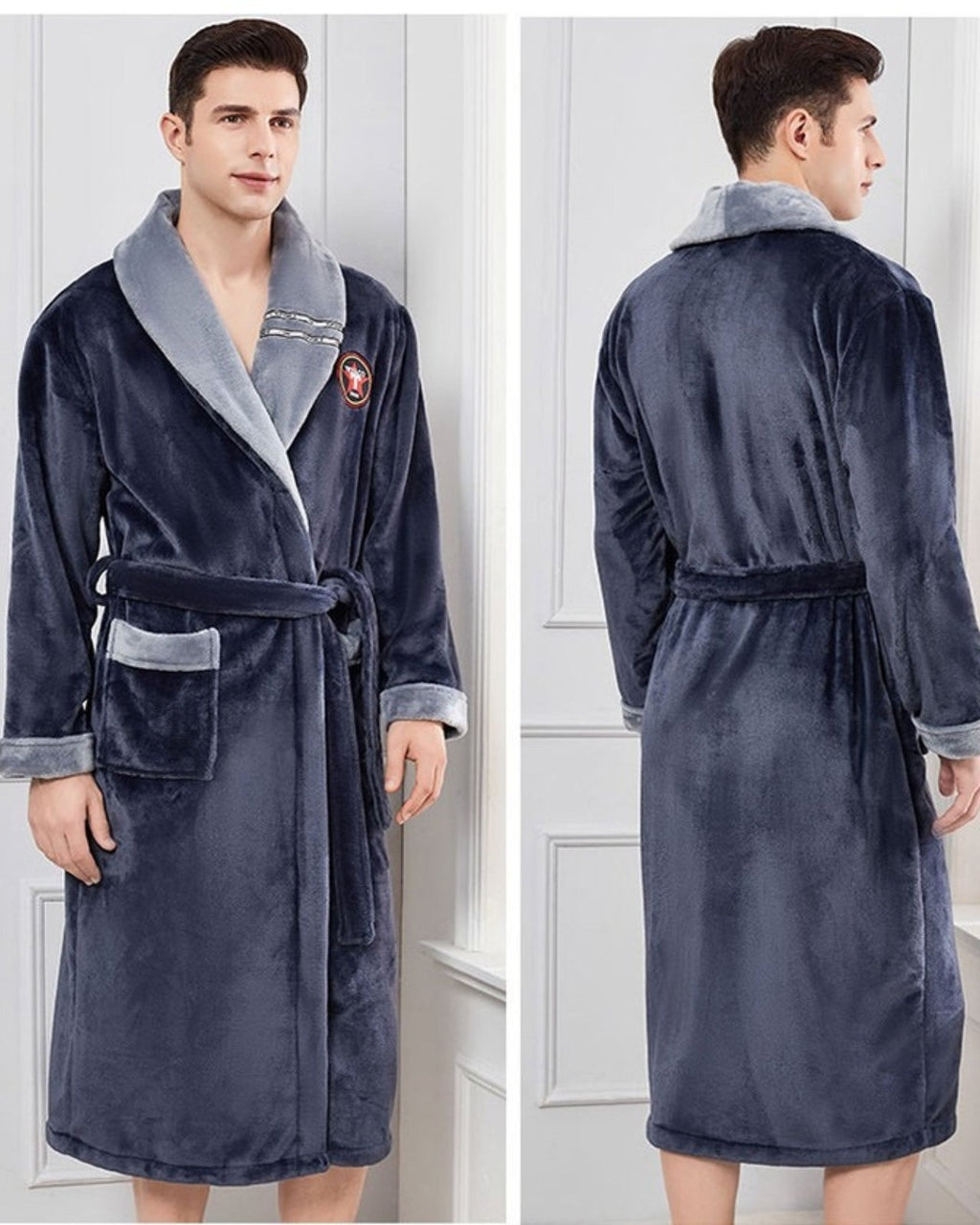 Men's Plush Bathrobe | Navy Blue Shawl Collar Design