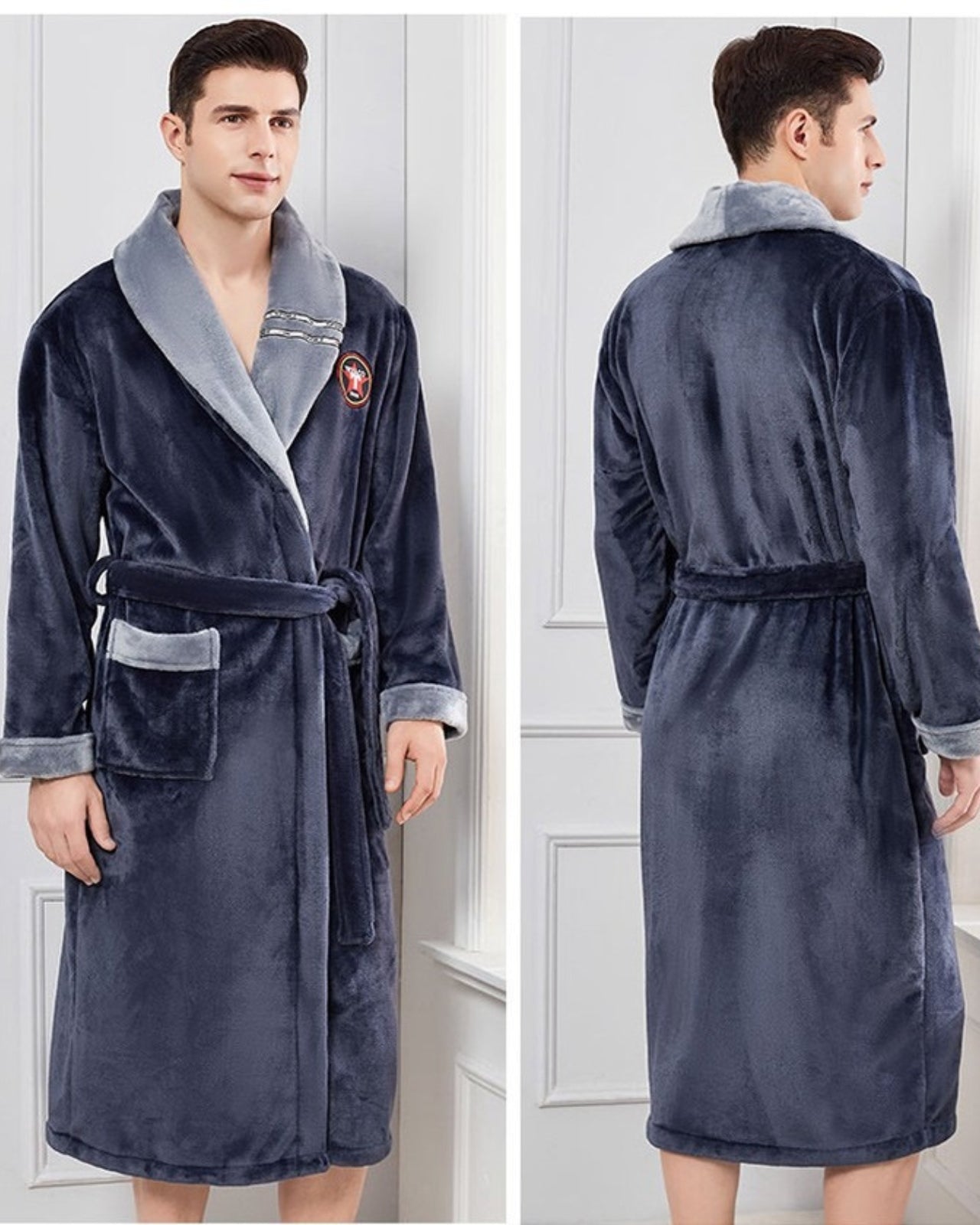 Men's Plush Bathrobe | Navy Blue Shawl Collar Design