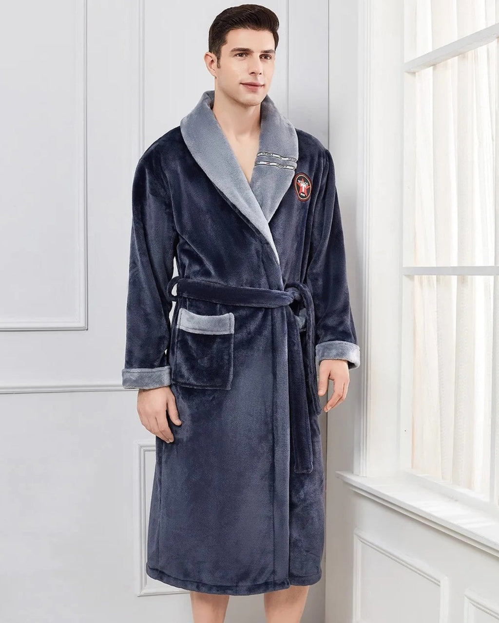 Men's Plush Bathrobe | Navy Blue Shawl Collar Design