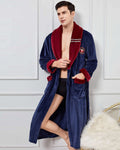 Luxury Men's Bathrobe | Navy Blue Velvet With Burgundy Trim