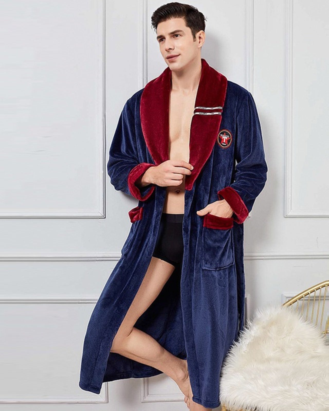 Luxury Men's Bathrobe | Navy Blue Velvet With Burgundy Trim