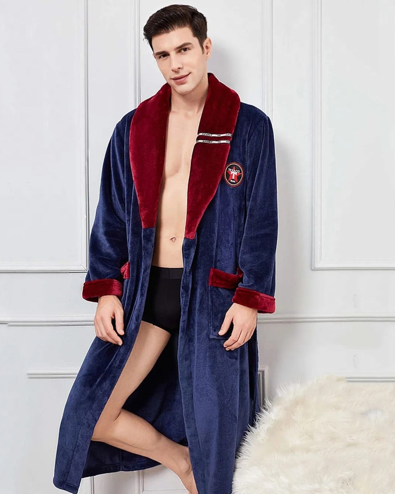 Luxury Men's Bathrobe | Navy Blue Velvet With Burgundy Trim