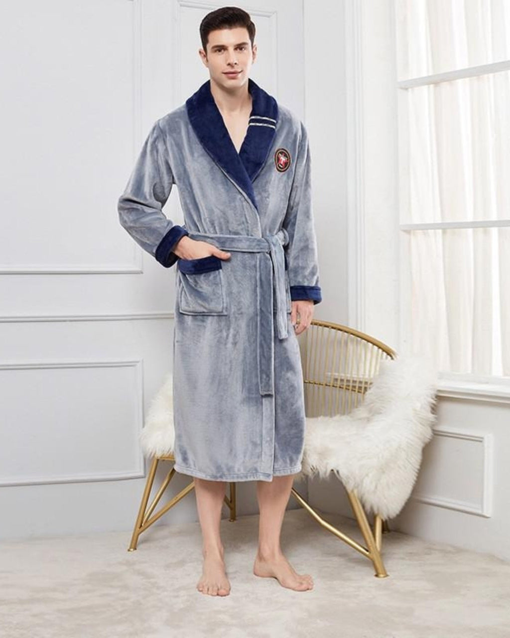 Men's Plush Bathrobe | Grey Fleece With Navy Trim