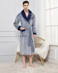 Men's Plush Bathrobe | Grey Fleece With Navy Trim