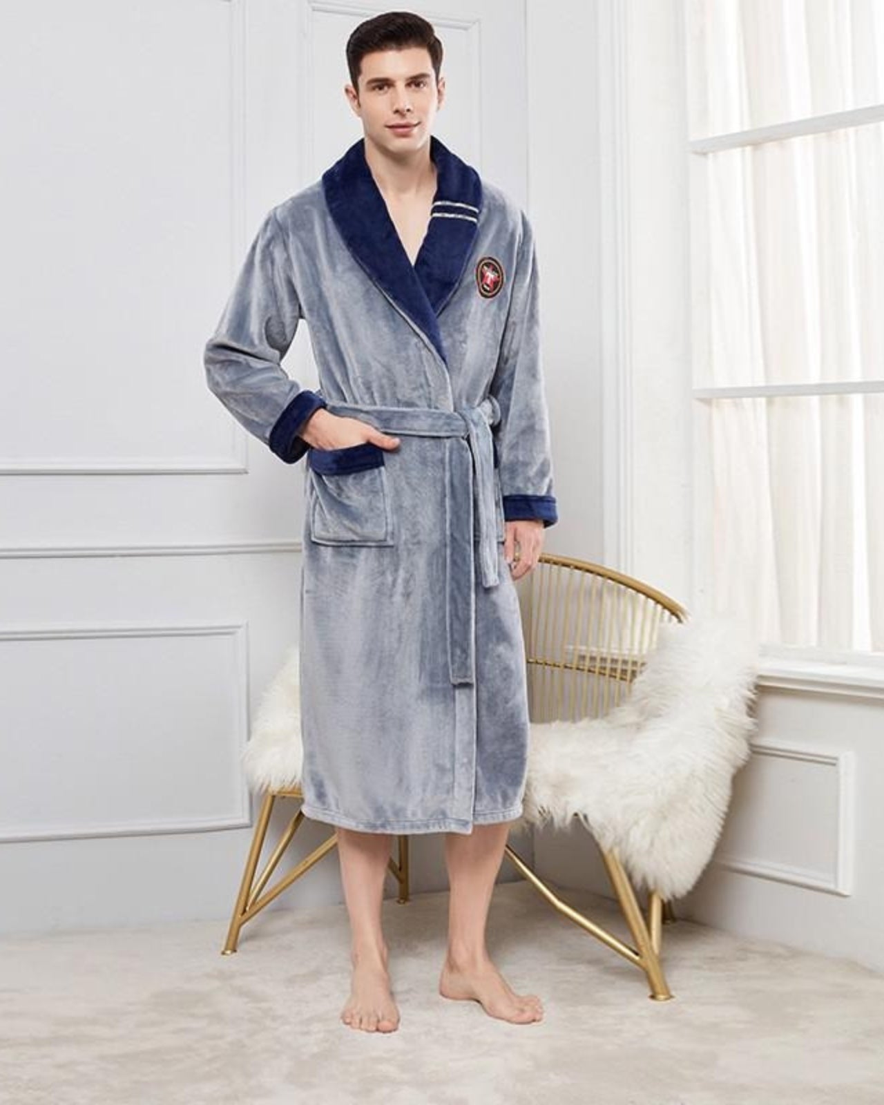 Men's Plush Bathrobe | Grey Fleece With Navy Trim