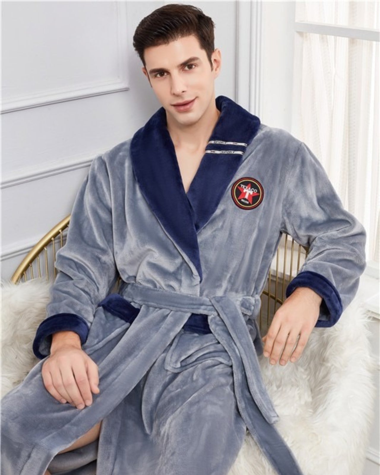 Men's Plush Bathrobe | Grey Fleece With Navy Trim