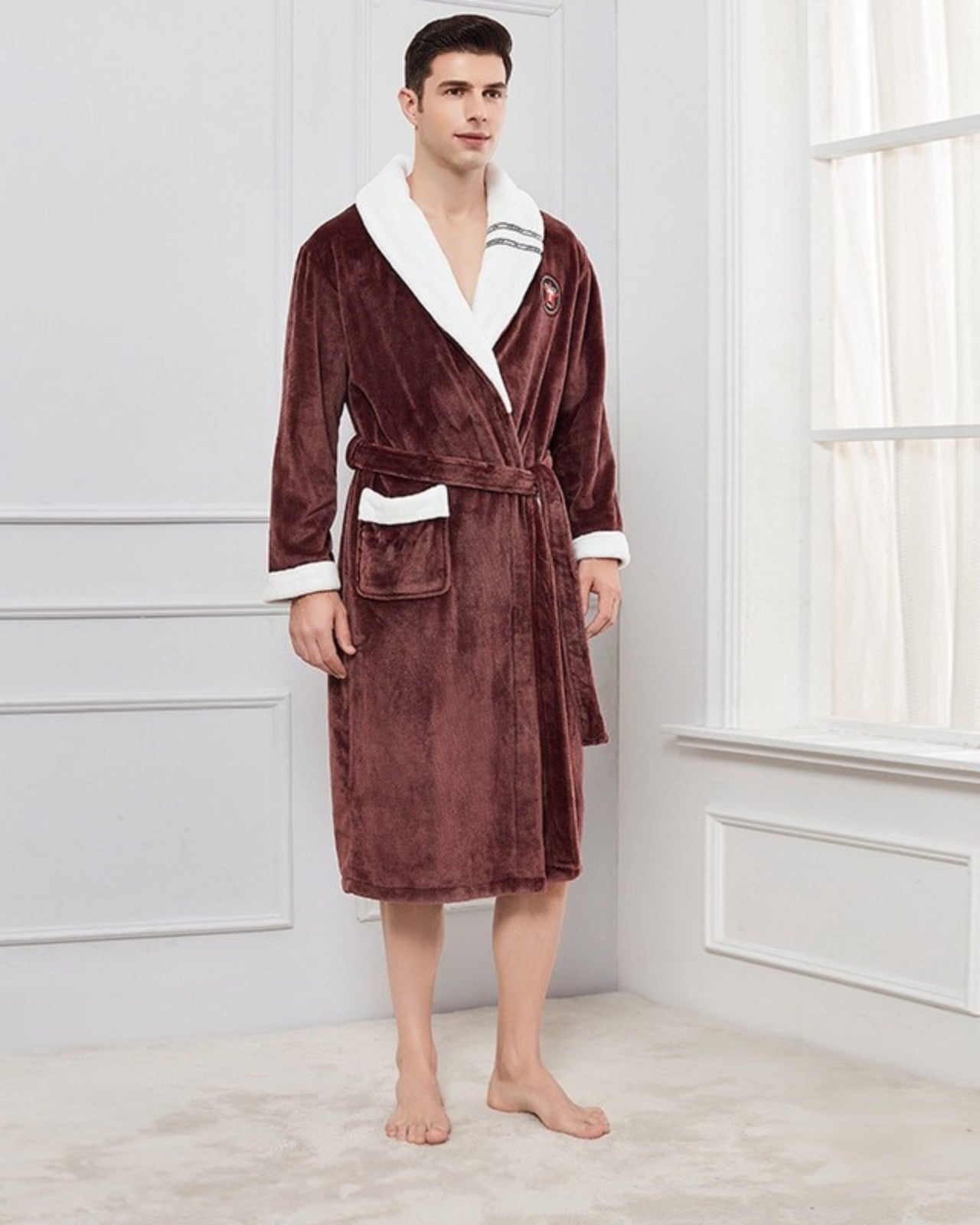 Plush Kimono Bathrobe | Brown Fleece With White Trim
