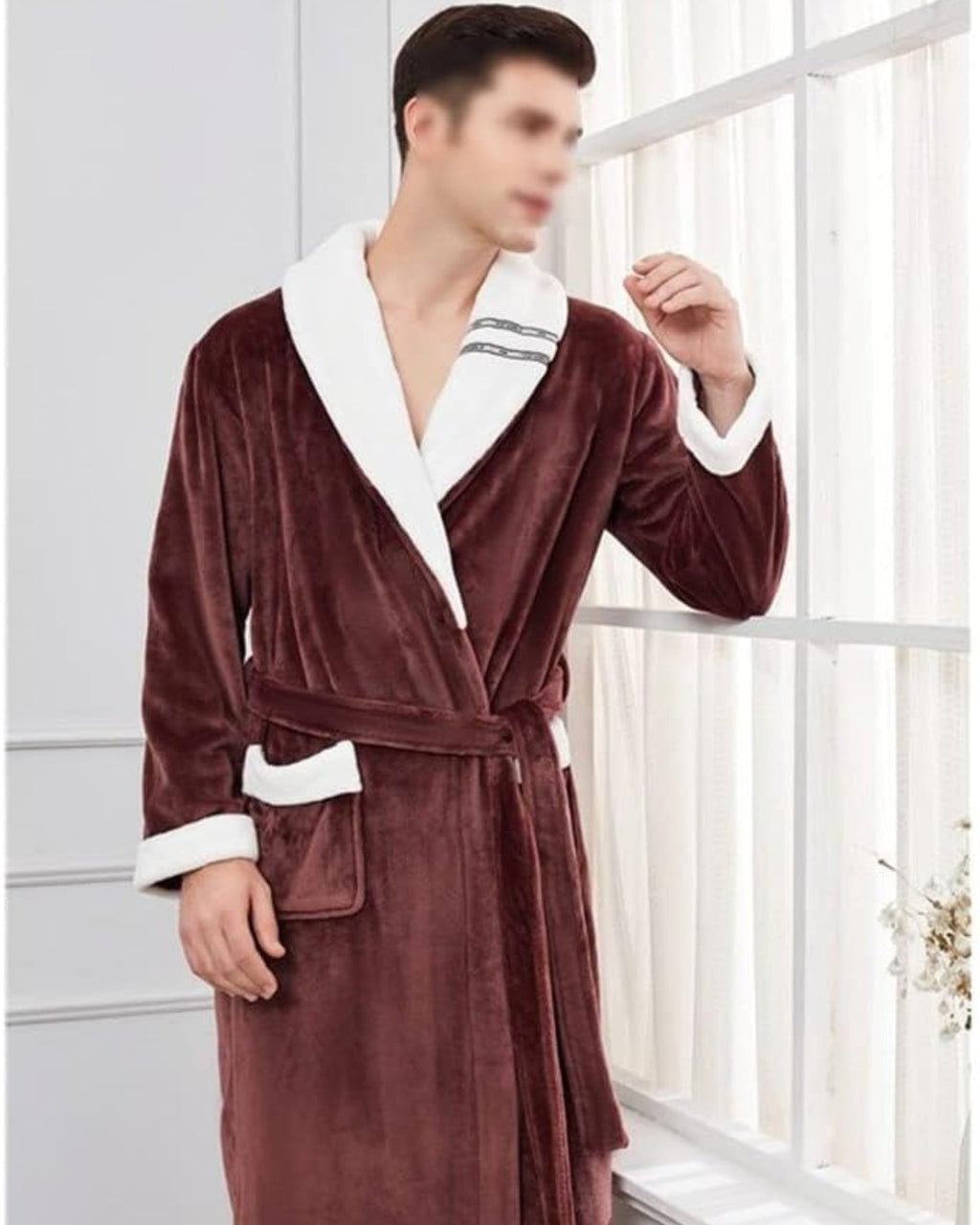 Plush Kimono Bathrobe | Brown Fleece With White Trim