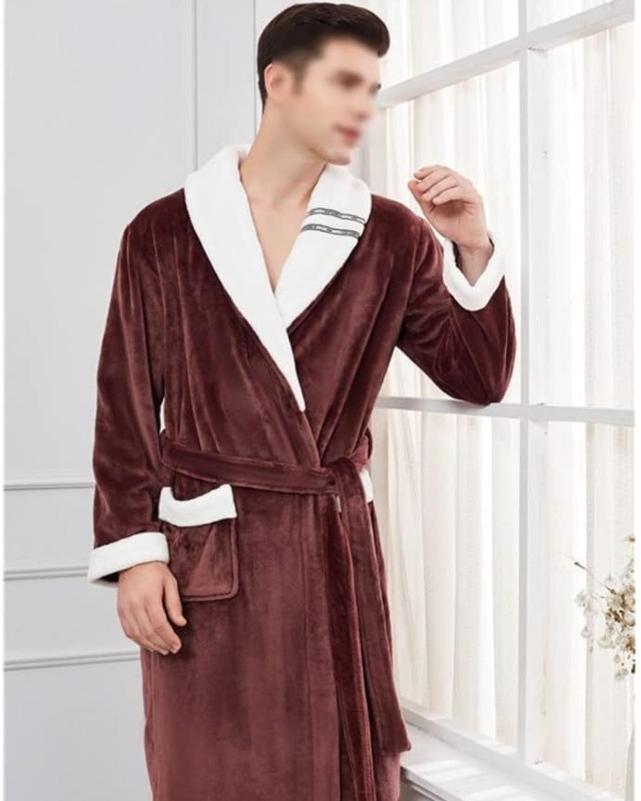 Plush Kimono Bathrobe | Brown Fleece With White Trim