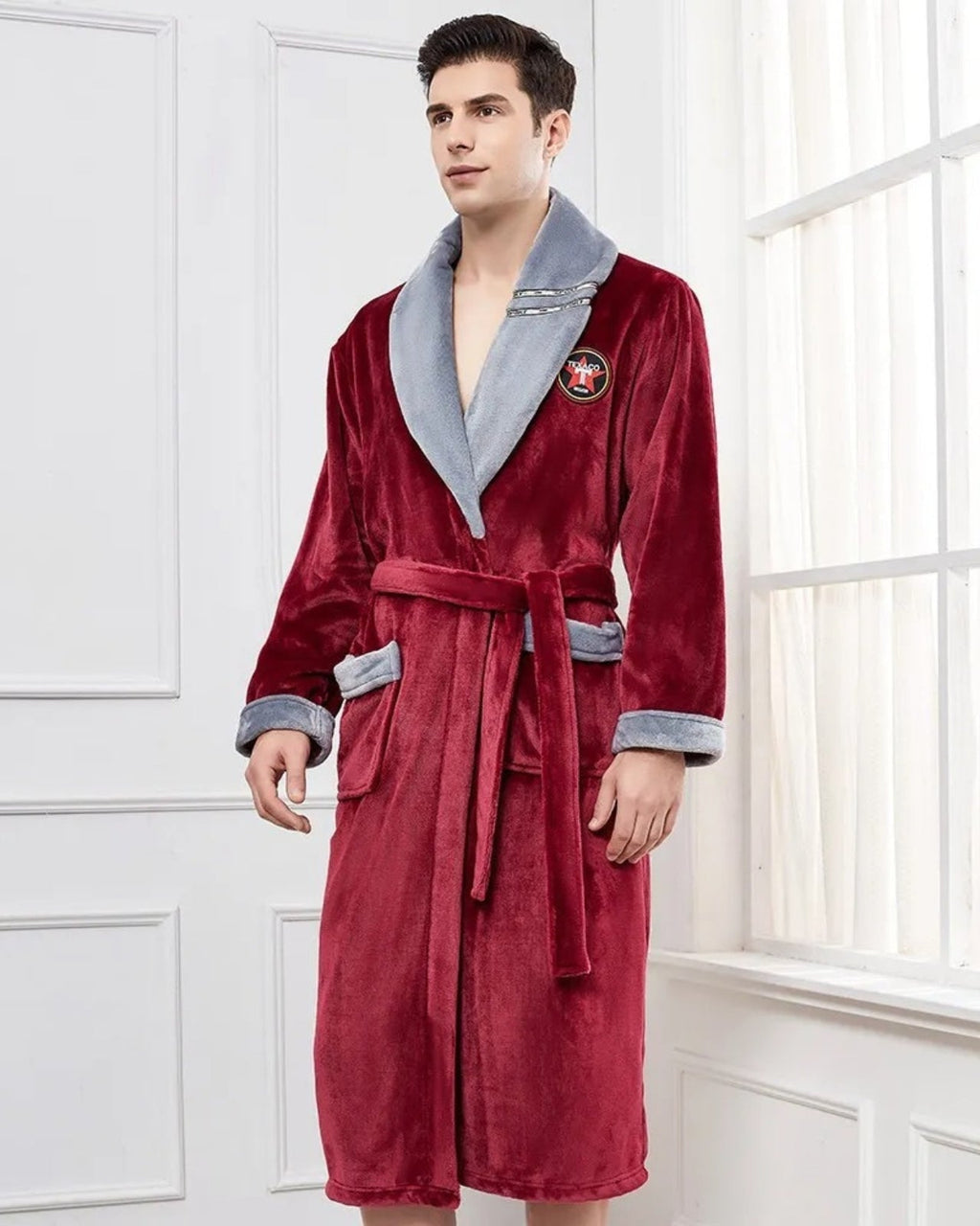 Luxury Men's Bathrobe | Burgundy Velvet With Grey Lapel