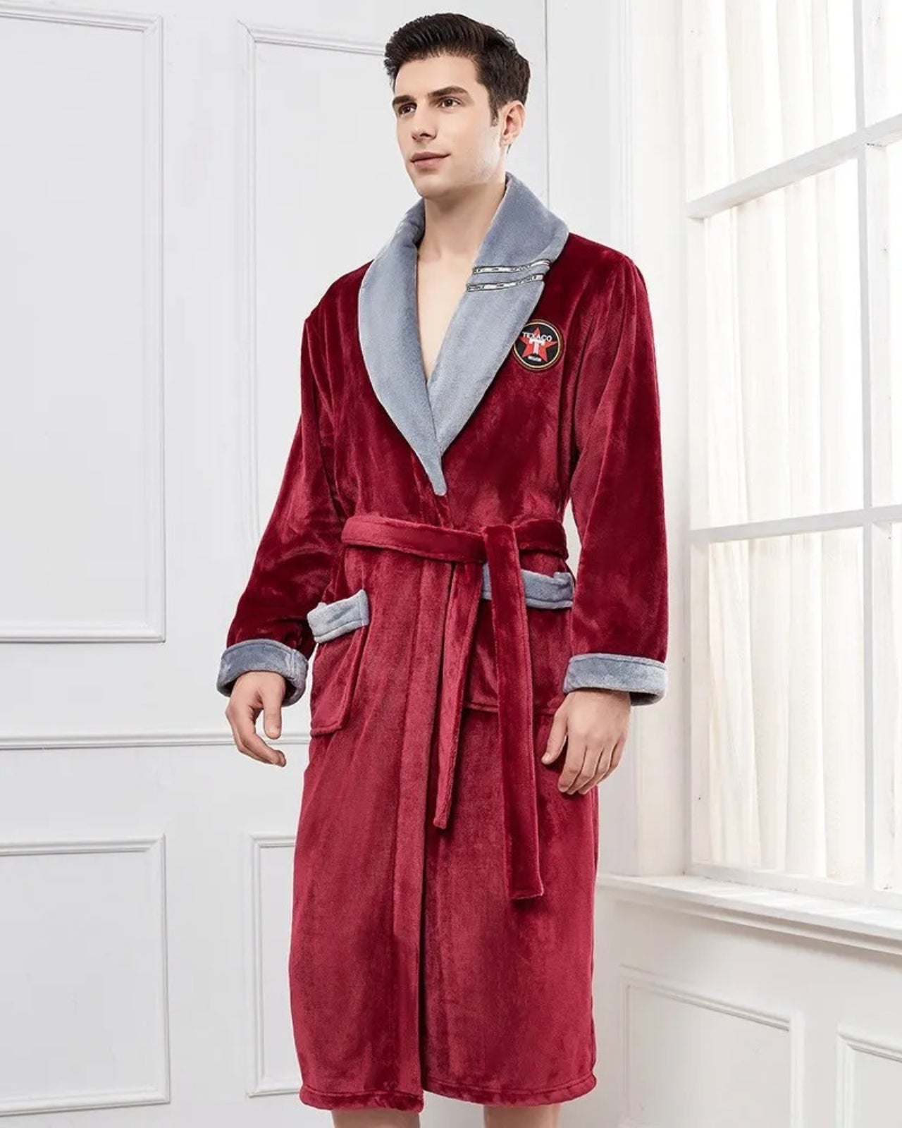 Luxury Men's Bathrobe | Burgundy Velvet With Grey Lapel