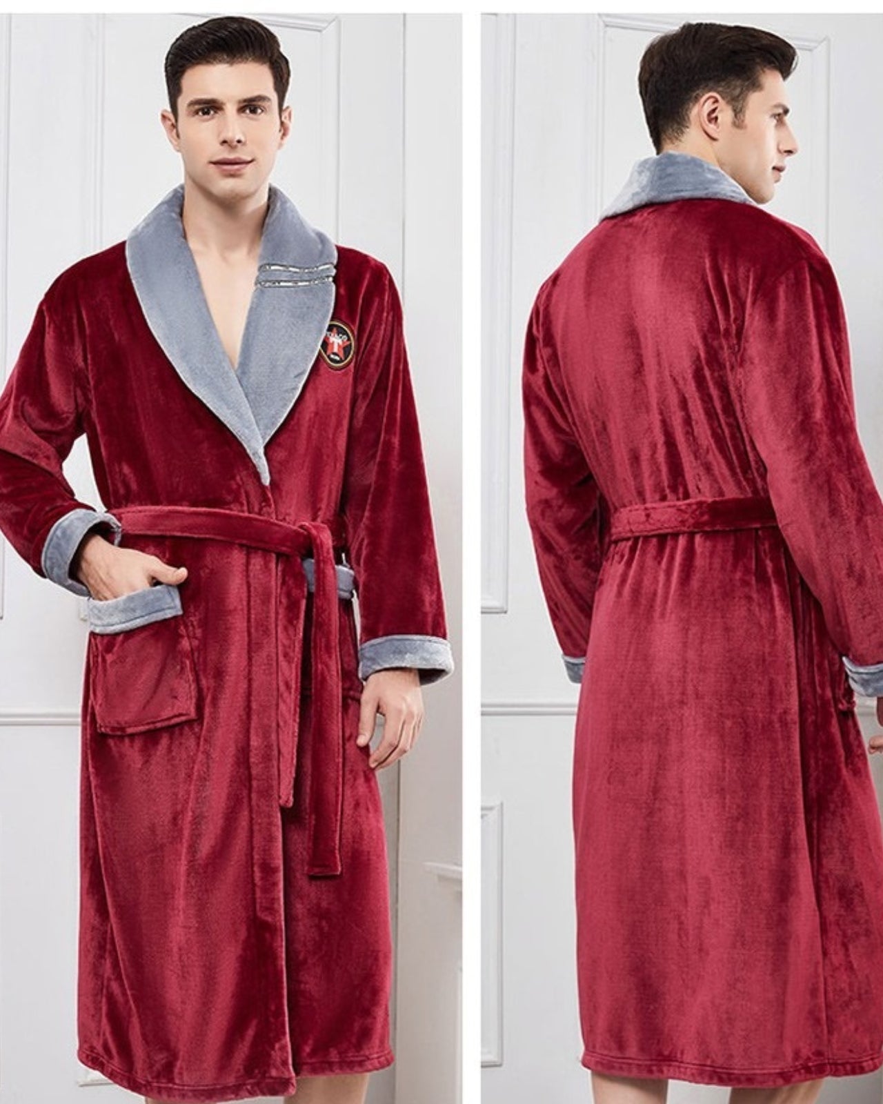 Luxury Men's Bathrobe | Burgundy Velvet With Grey Lapel