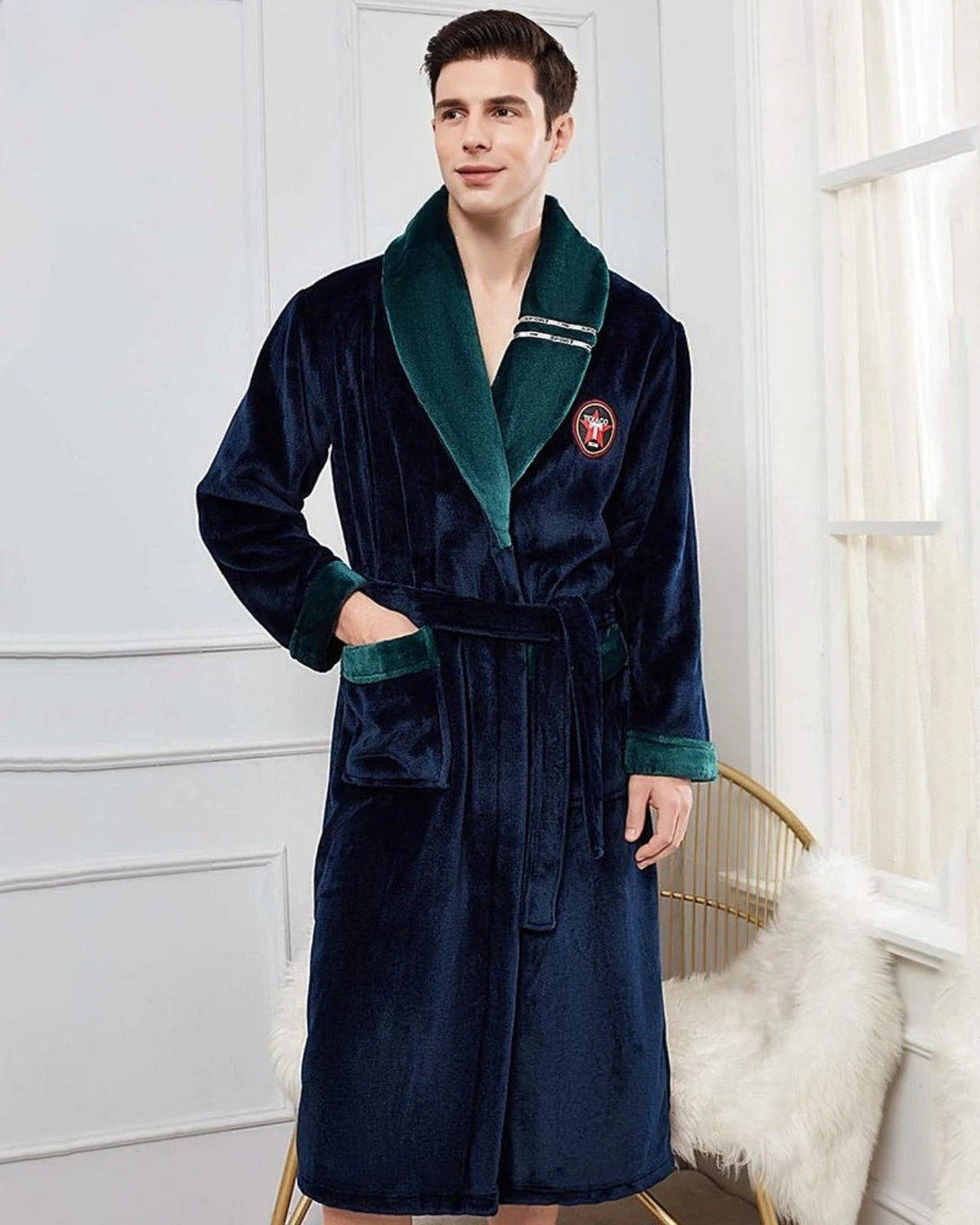 Luxury Men's Velvet Robe | Navy Blue with Emerald Trim