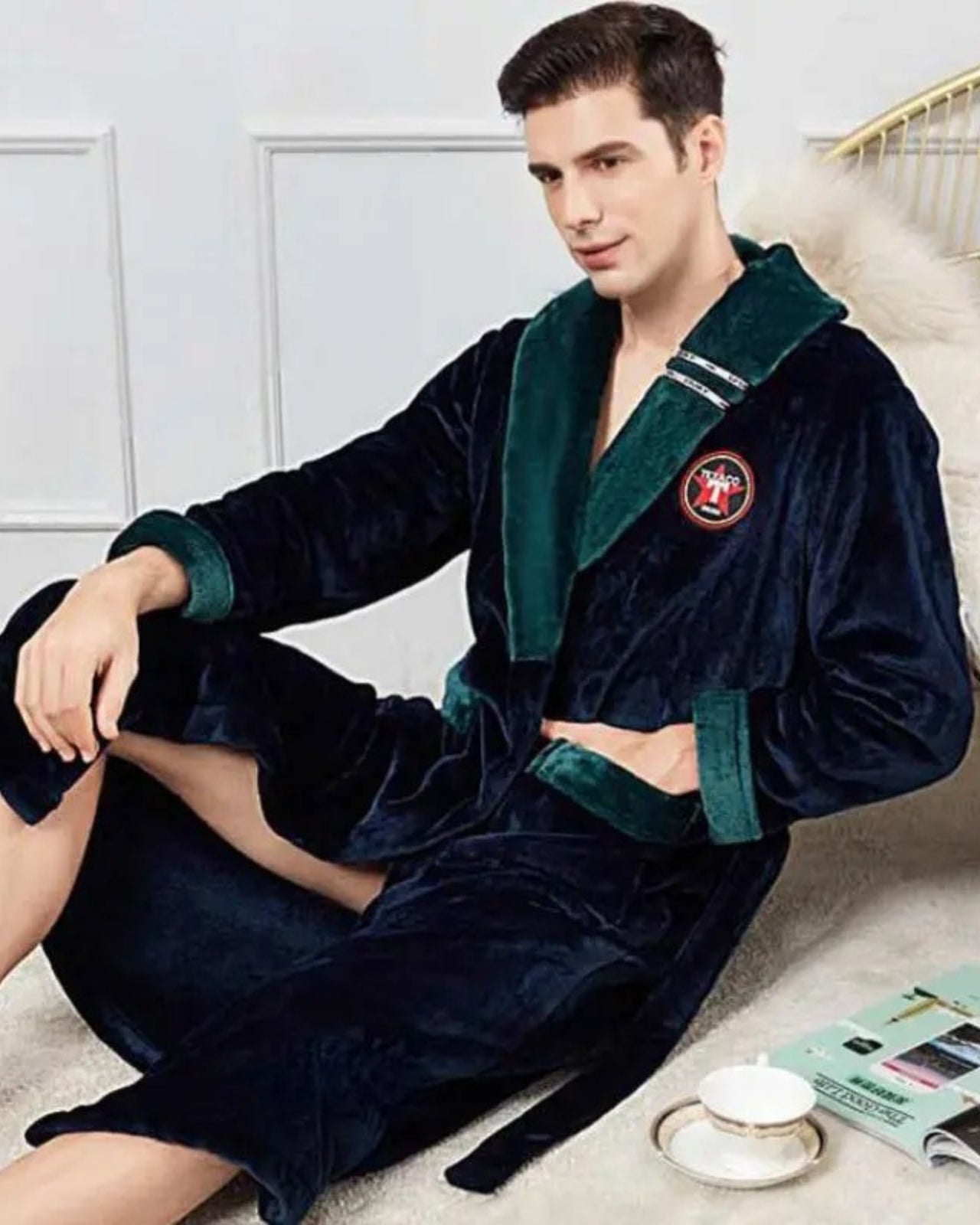 Luxury Men's Velvet Robe | Navy Blue with Emerald Trim