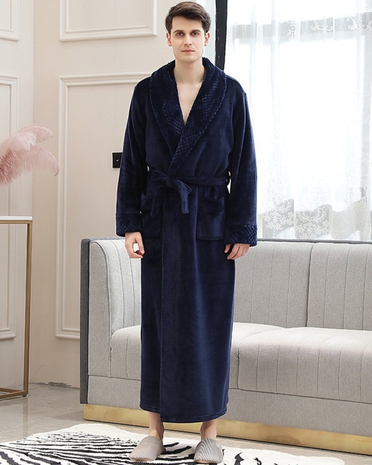 Luxury Men's Bathrobe | Navy Blue Plush Fleece Full Length