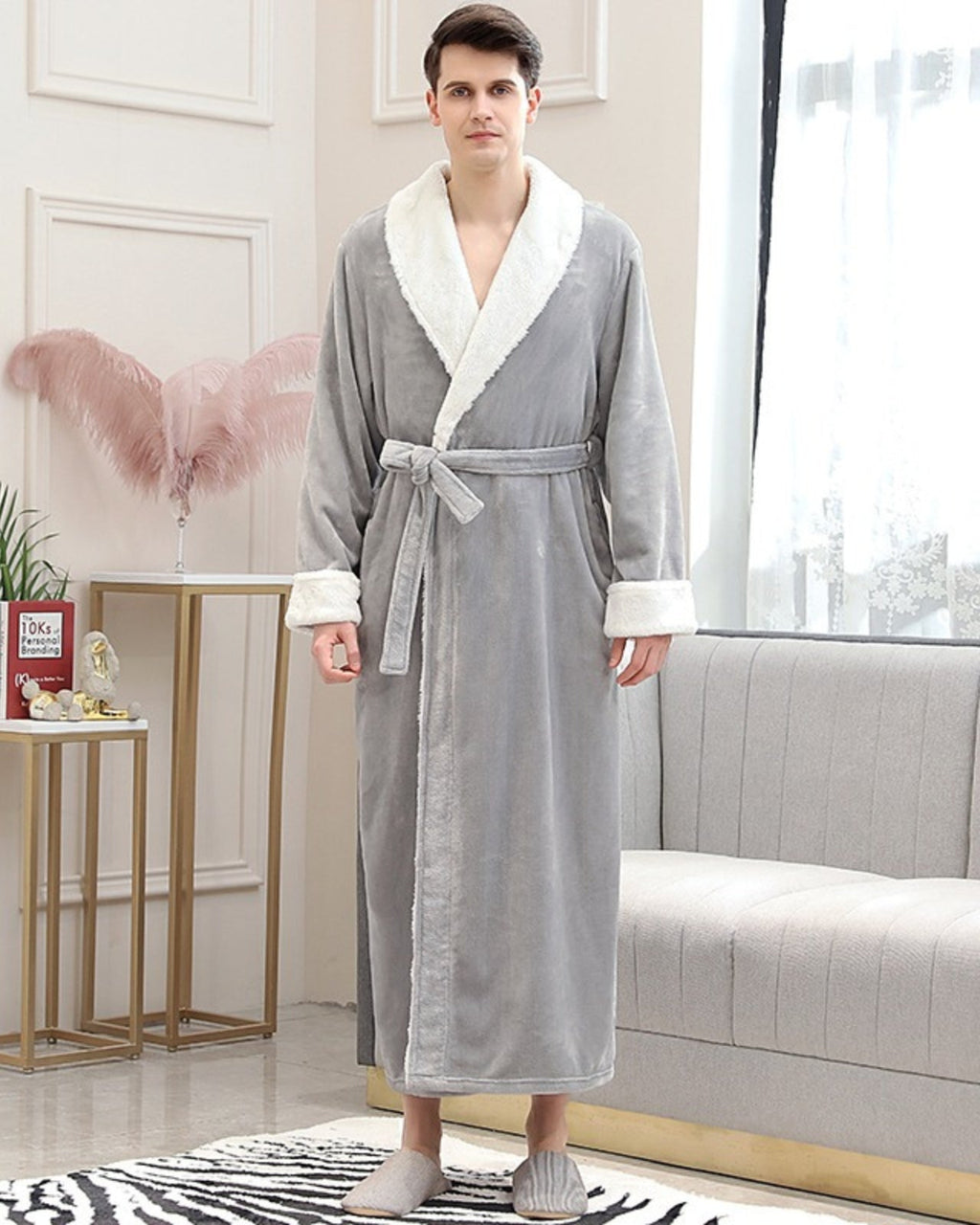 Plush Men's Bathrobe | Shawl Collar Long Grey Fleece