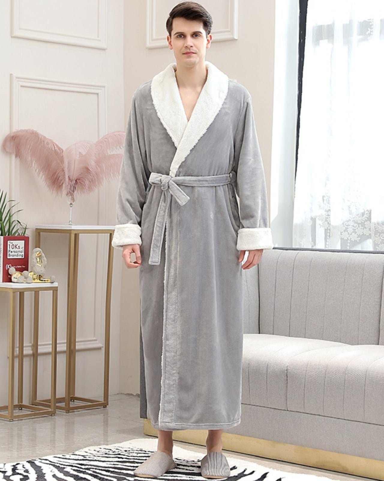 Plush Men's Bathrobe | Shawl Collar Long Grey Fleece