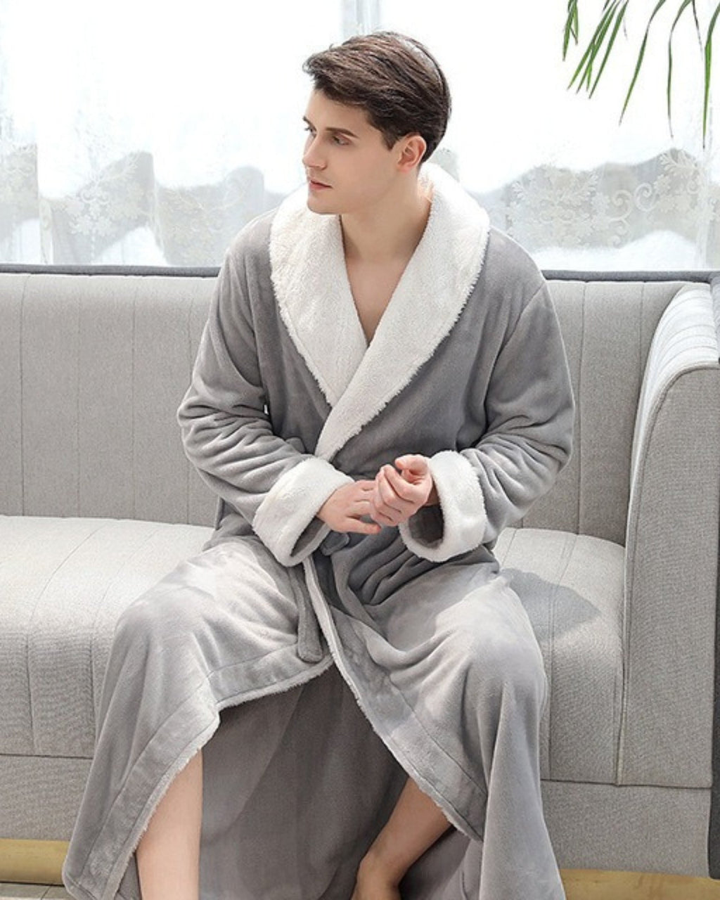 Plush Men's Bathrobe | Shawl Collar Long Grey Fleece