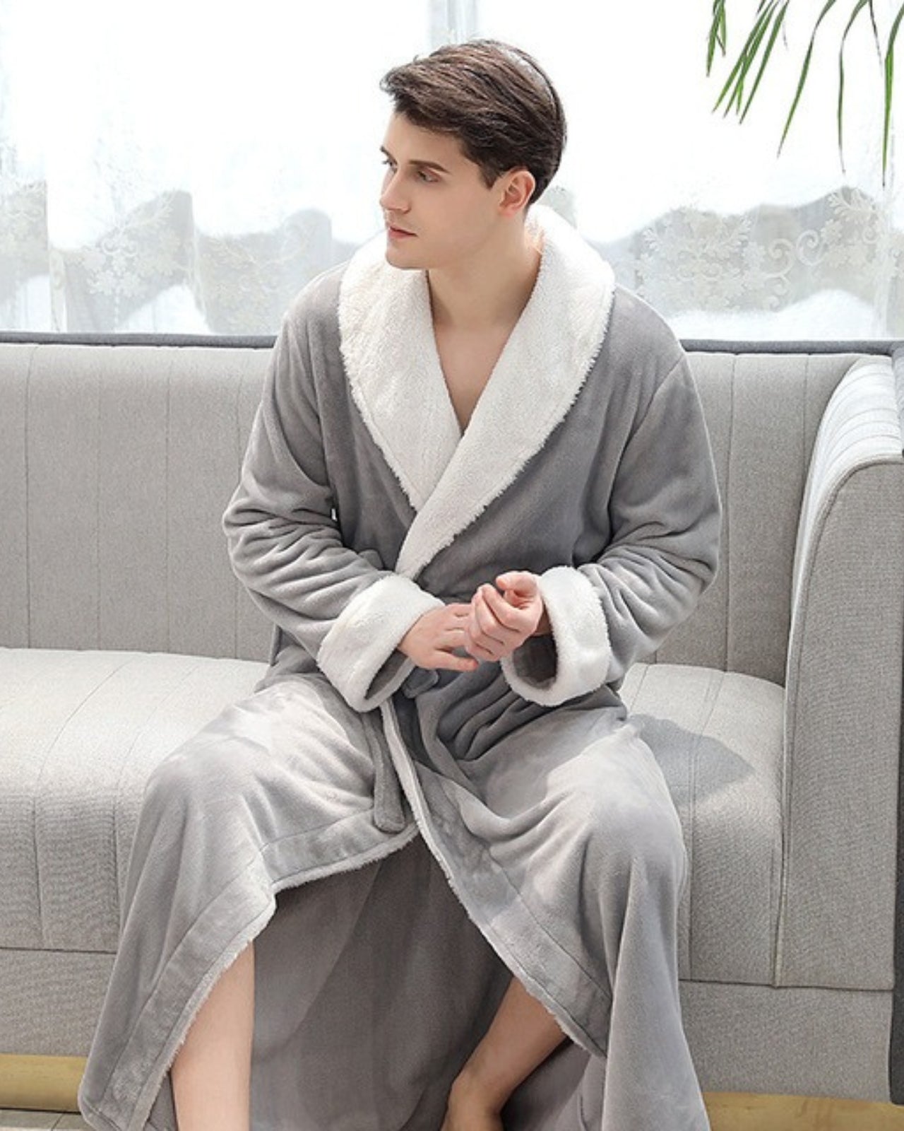 Plush Men's Bathrobe | Shawl Collar Long Grey Fleece