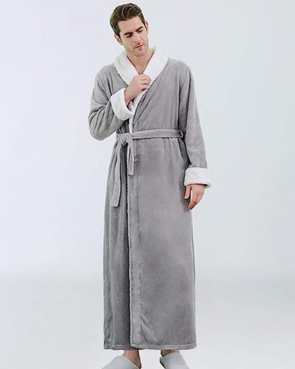 Plush Men's Bathrobe | Shawl Collar Long Grey Fleece