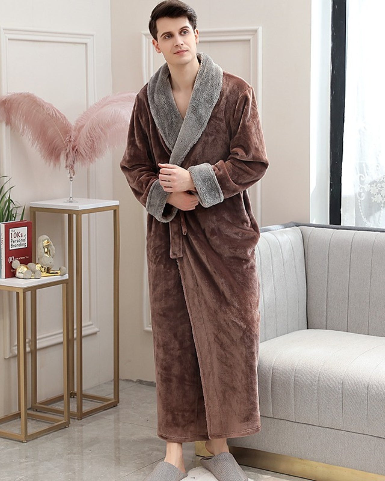 Plush Men's Bathrobe | Long Fleece With Gray Shawl Collar