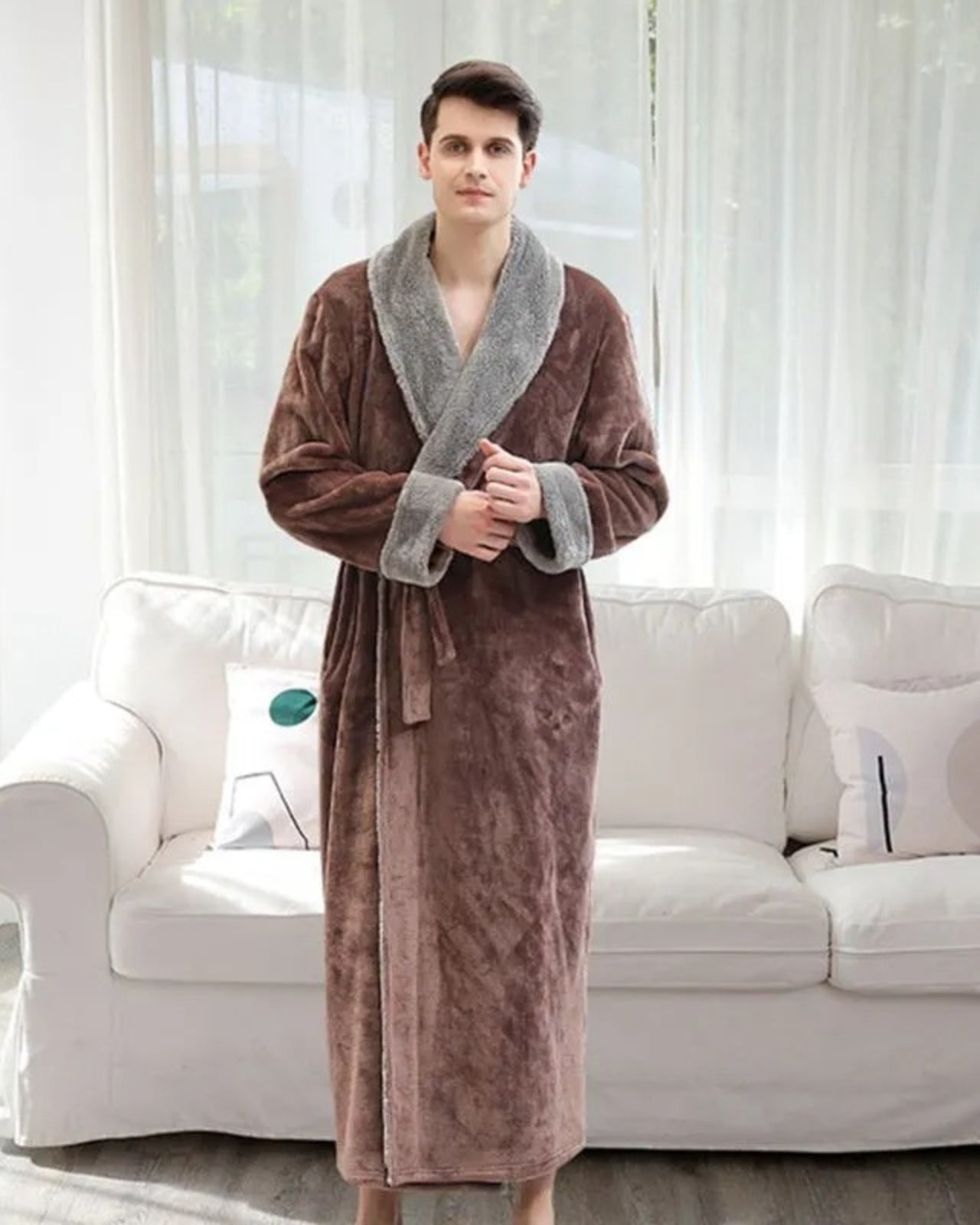 Plush Men's Bathrobe | Long Fleece With Gray Shawl Collar