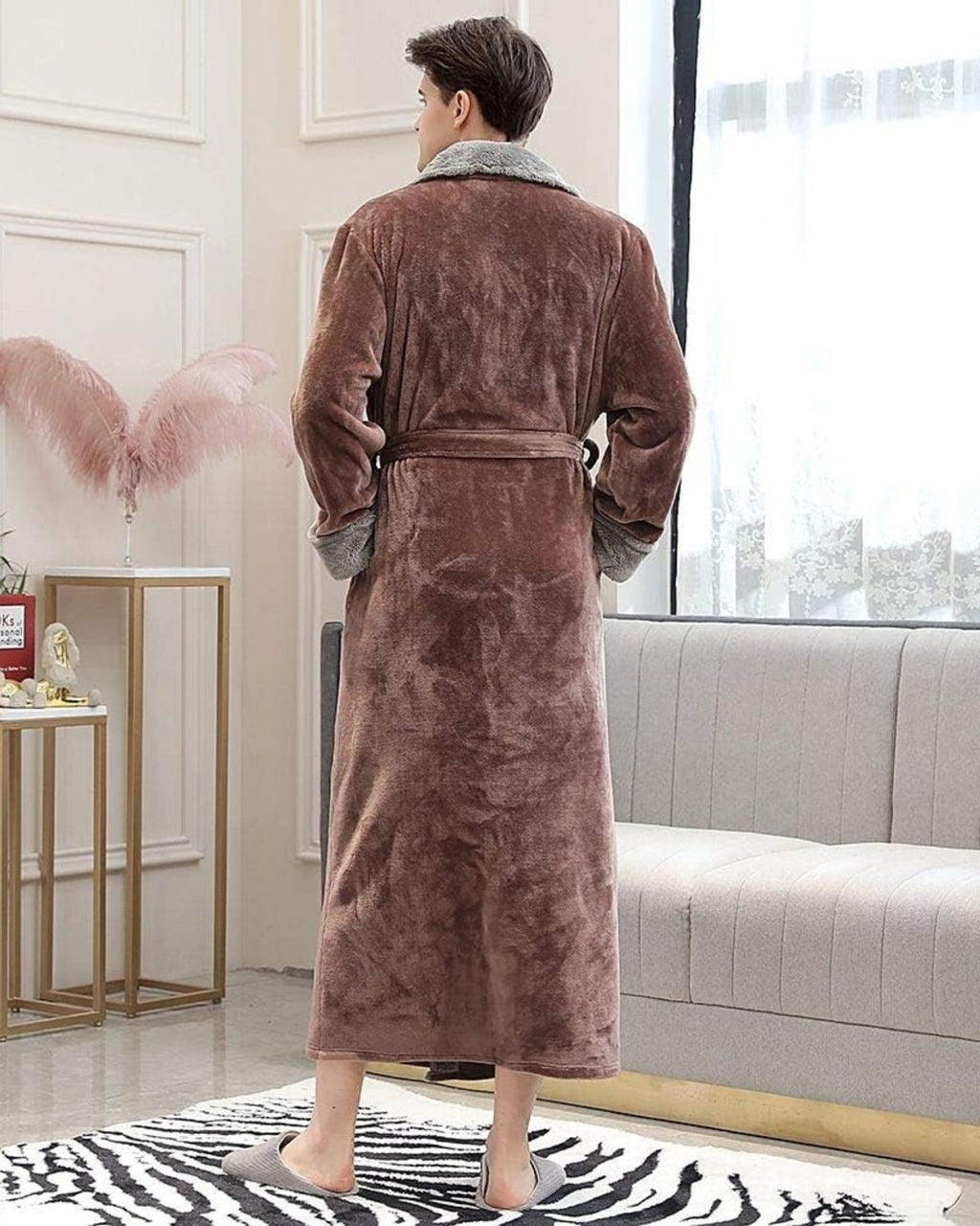 Plush Men's Bathrobe | Long Fleece With Gray Shawl Collar