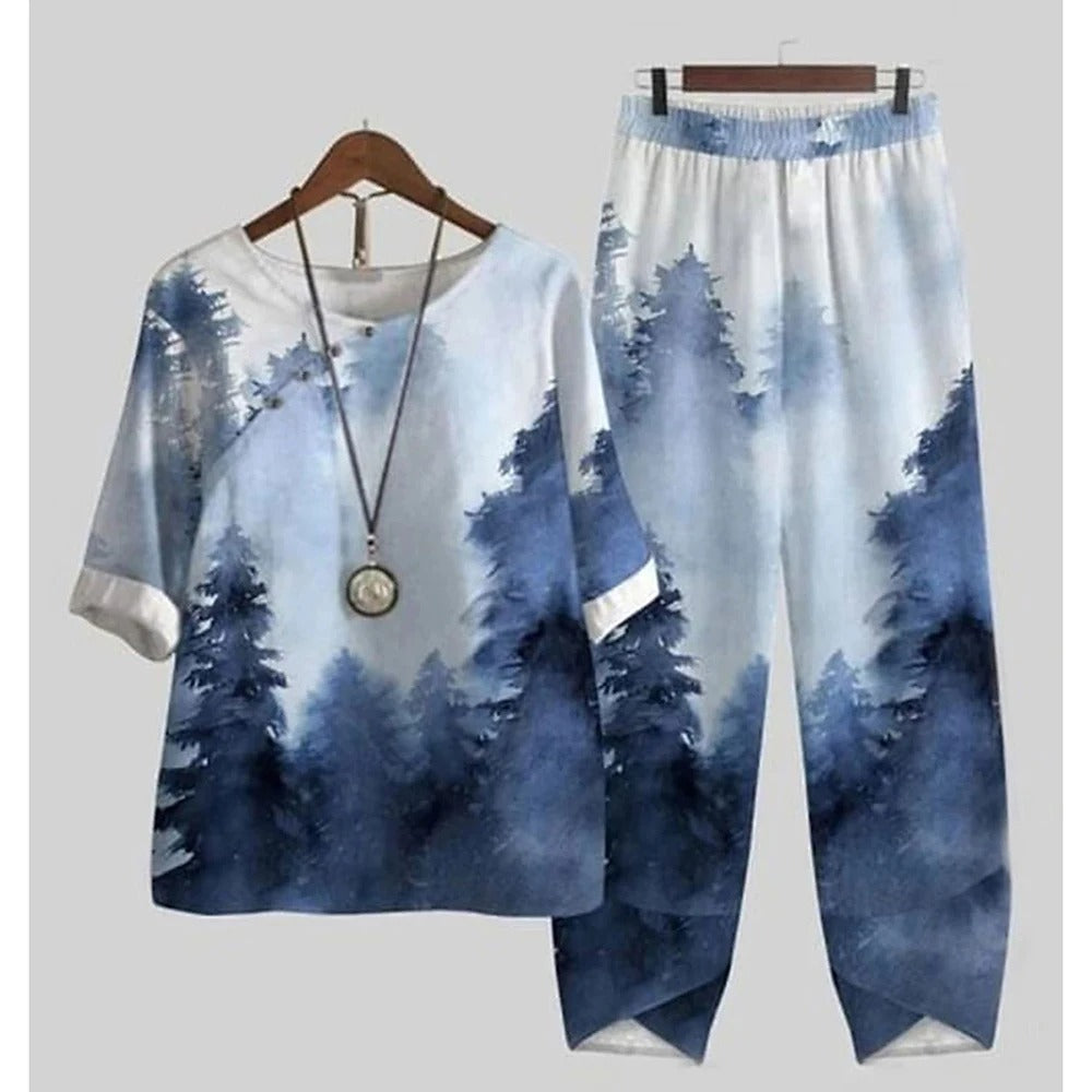 Forest Print Loungewear Set | Black and White Two-Piece Cotton Set