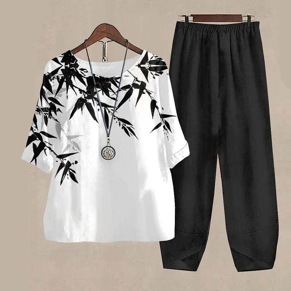 Forest Print Loungewear Set | Black and White Two-Piece Cotton Set