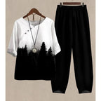 Forest Print Loungewear Set | Black and White Two-Piece Cotton Set