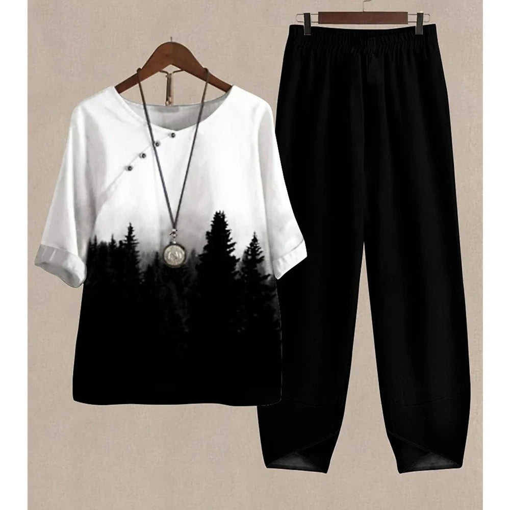 Forest Print Loungewear Set | Black and White Two-Piece Cotton Set