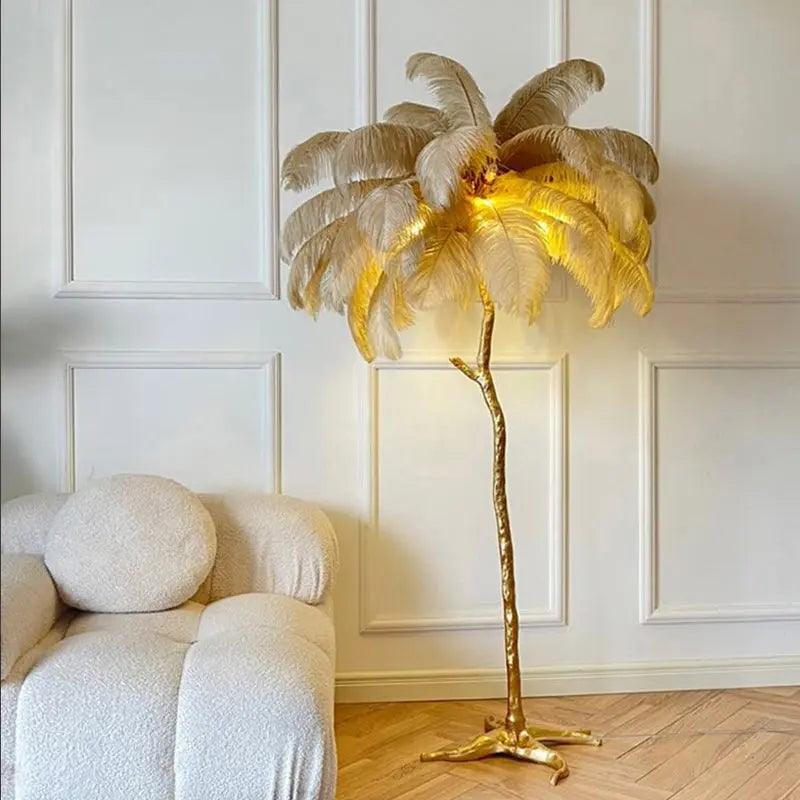 Nordic Feather Floor Lamp | Pink Ostrich Plume Gold Stand