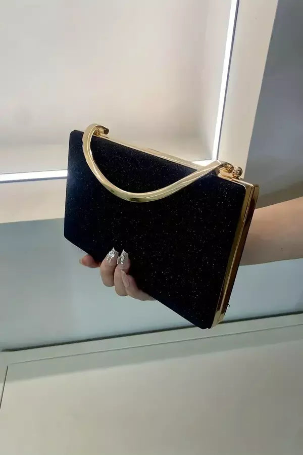 Evening Clutch Bag | Black Velvet Gold Handle Design