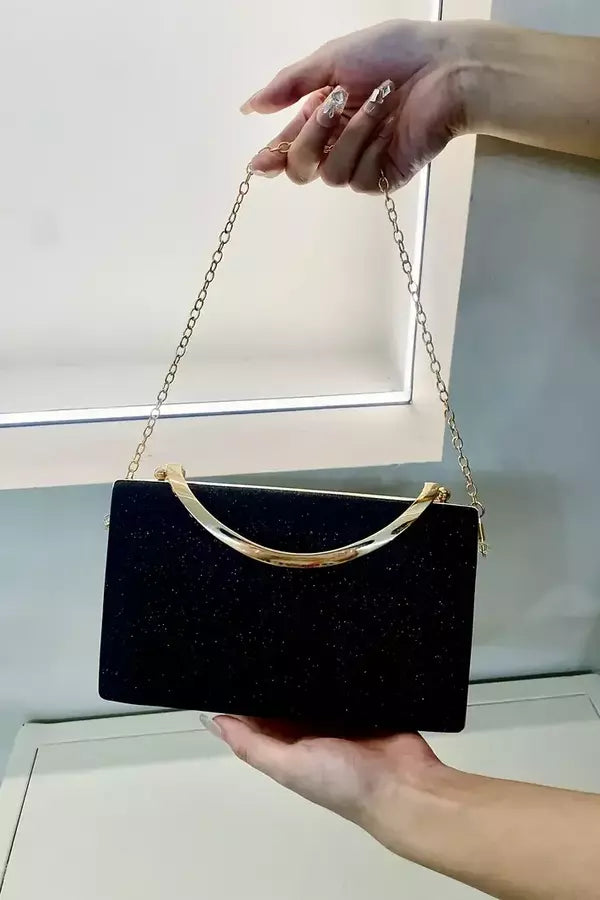 Evening Clutch Bag | Black Velvet Gold Handle Design